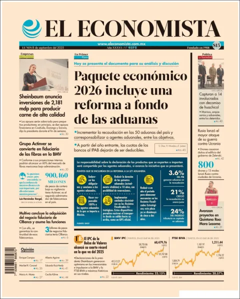 Portada de El Economista del lunes, 8 de septiembre de 2025