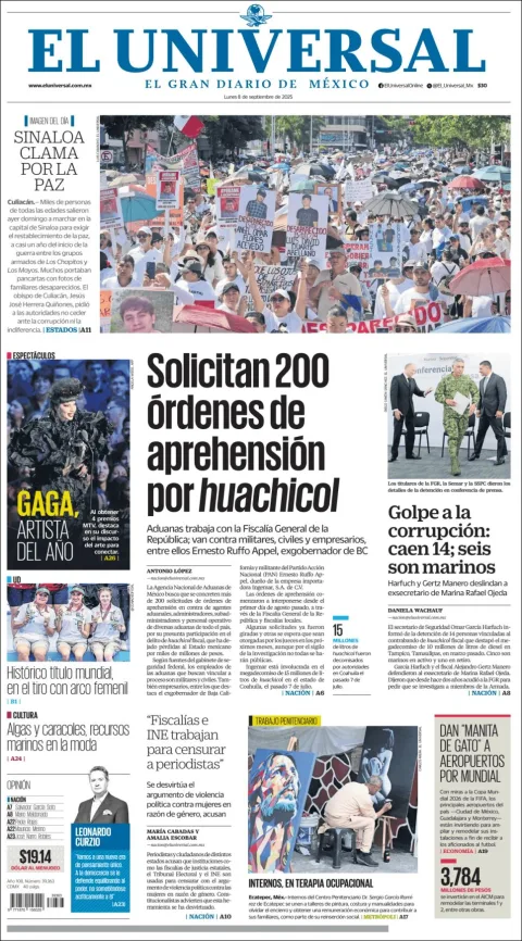 Portada de El Universal del lunes, 8 de septiembre de 2025