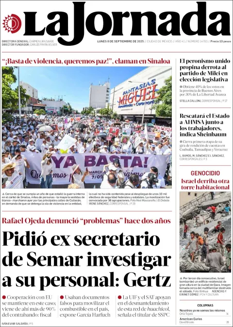Portada de La Jornada del lunes, 8 de septiembre de 2025