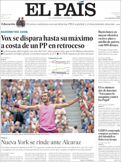 Portada de El Pais del lunes, 8 de septiembre de 2025