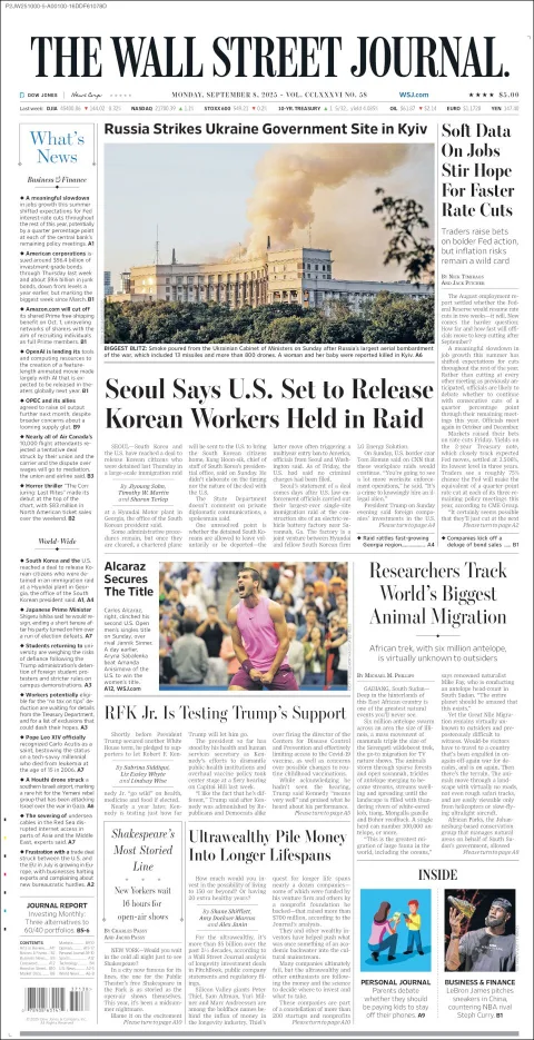 Portada de The Wall Street Journal del lunes, 8 de septiembre de 2025
