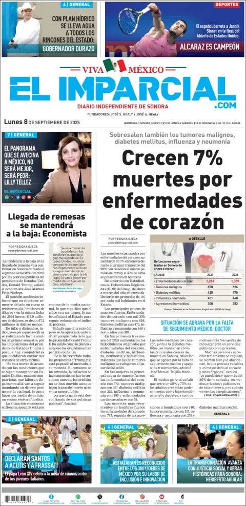 Portada de El Imparcial del lunes, 8 de septiembre de 2025