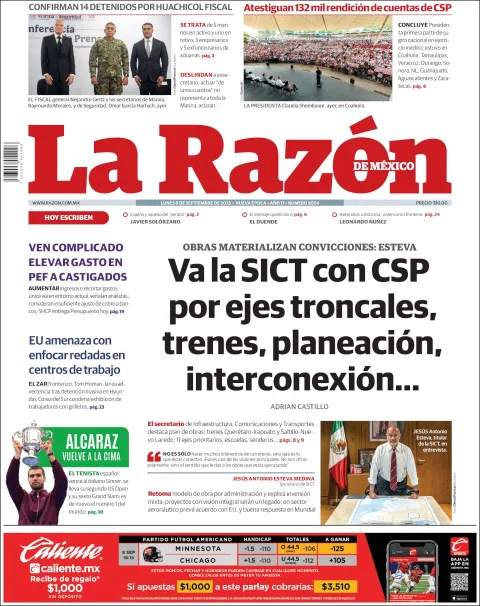 Portada de La Razon del lunes, 8 de septiembre de 2025