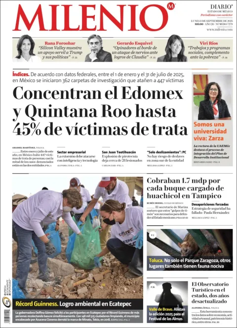 Portada de Milenio Edo de Mexico del lunes, 8 de septiembre de 2025