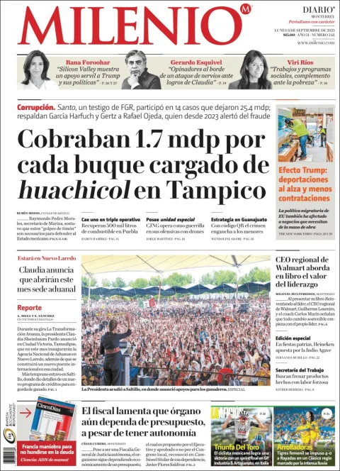 Portada de Milenio del lunes, 8 de septiembre de 2025
