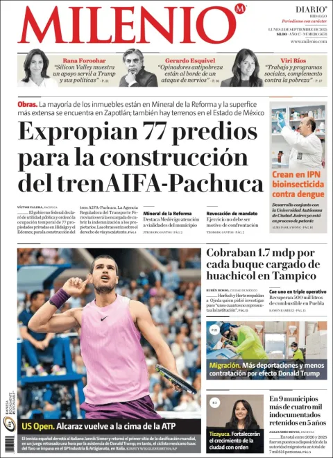 Portada de Milenio Hidalgo del lunes, 8 de septiembre de 2025