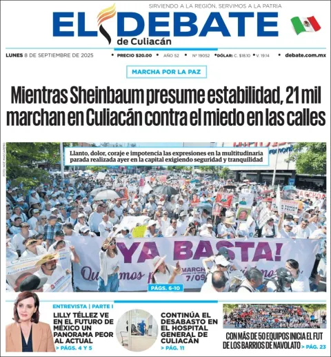 Portada de El Debate de Culiacan del lunes, 8 de septiembre de 2025
