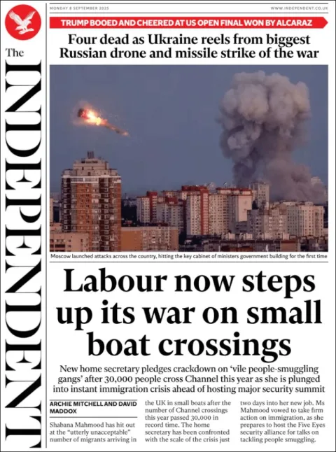 Portada de The Independent del lunes, 8 de septiembre de 2025