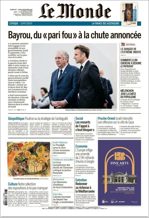 Portada de Le Monde del lunes, 8 de septiembre de 2025