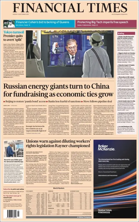 Portada de Financial Times del lunes, 8 de septiembre de 2025