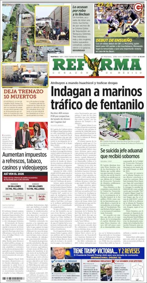 Portada de Reforma del martes, 9 de septiembre de 2025