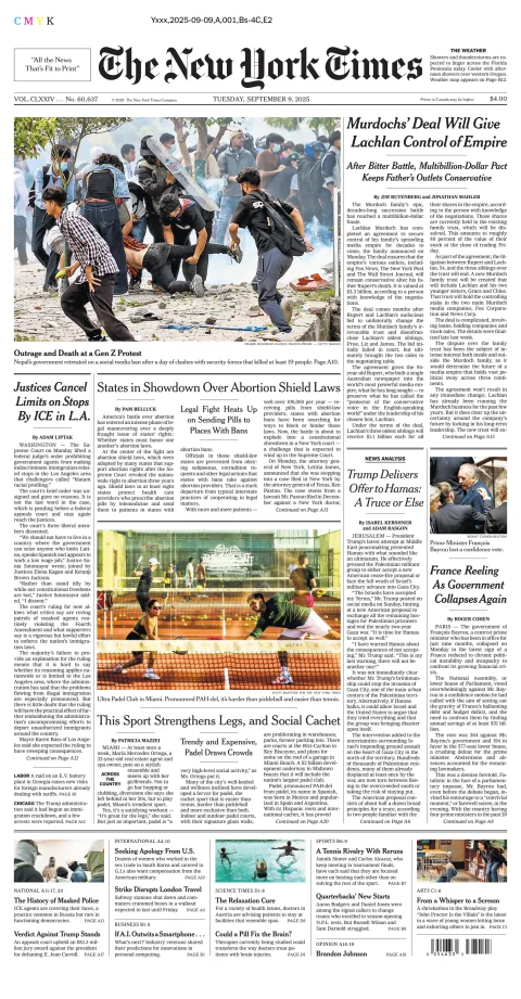 Portada de The New York Times (national) del martes, 9 de septiembre de 2025
