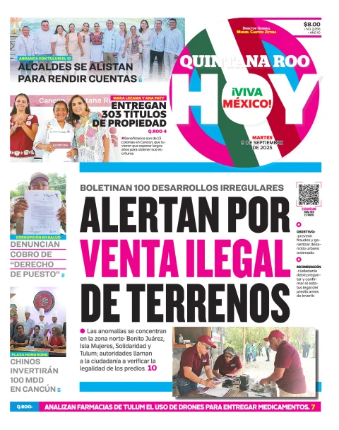Portada de Quintana Roo Hoy (portada) del martes, 9 de septiembre de 2025
