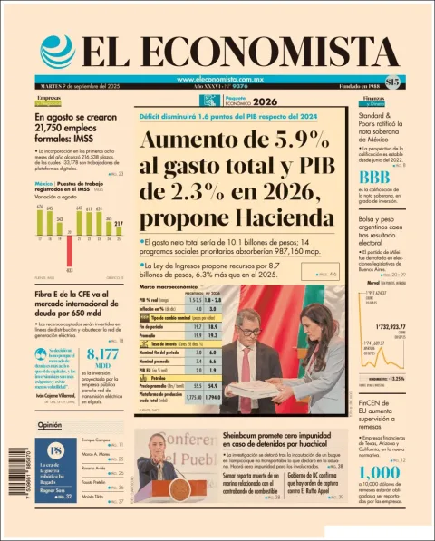 Portada de El Economista del martes, 9 de septiembre de 2025