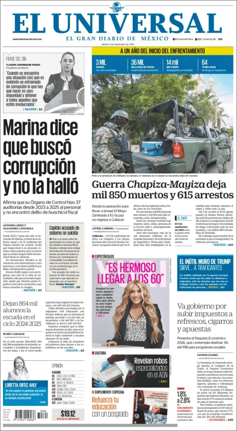 Portada de El Universal del martes, 9 de septiembre de 2025