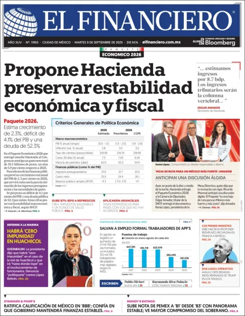 Portada de El Financiero del martes, 9 de septiembre de 2025