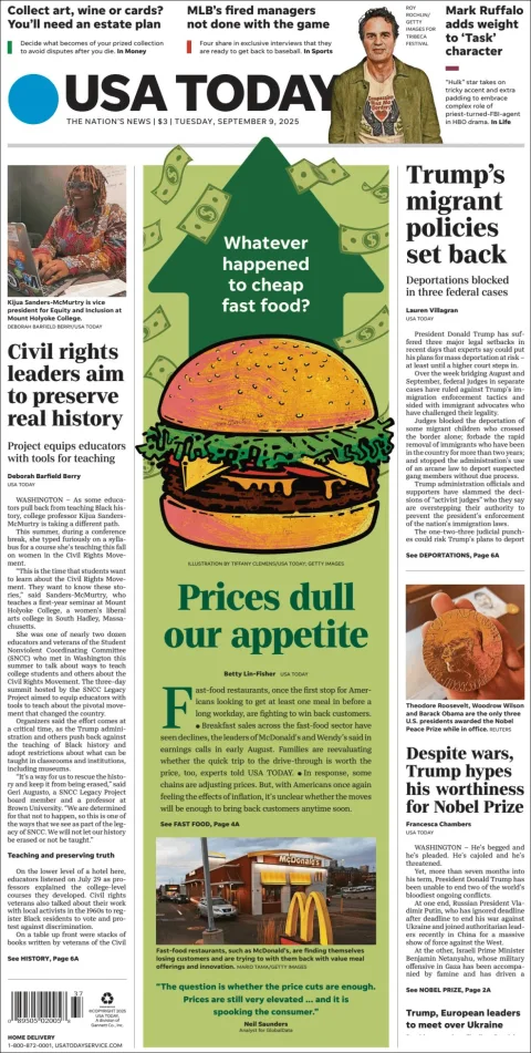 Portada de Usa Today del martes, 9 de septiembre de 2025
