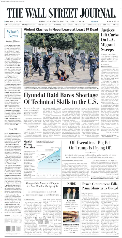 Portada de The Wall Street Journal del martes, 9 de septiembre de 2025