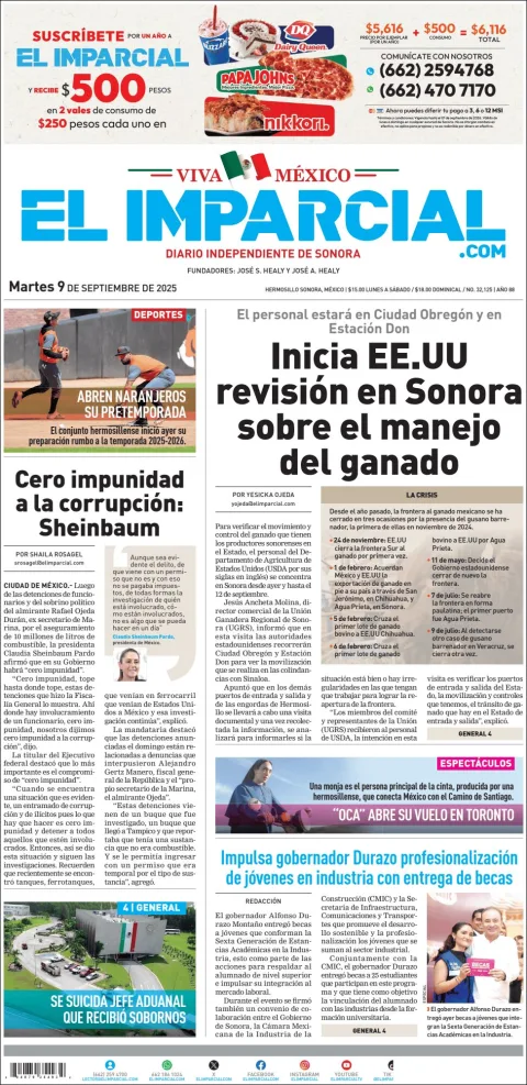 Portada de El Imparcial del martes, 9 de septiembre de 2025
