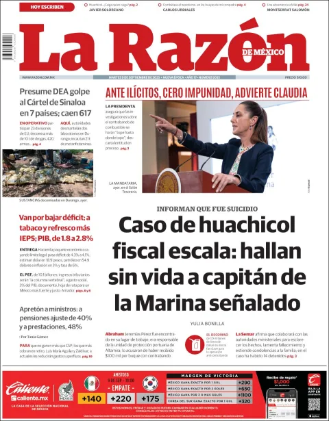 Portada de La Razon del martes, 9 de septiembre de 2025