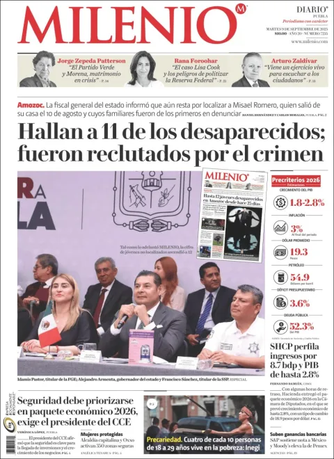 Portada de Milenio Puebla del martes, 9 de septiembre de 2025