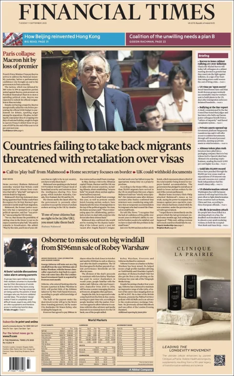 Portada de Financial Times del martes, 9 de septiembre de 2025
