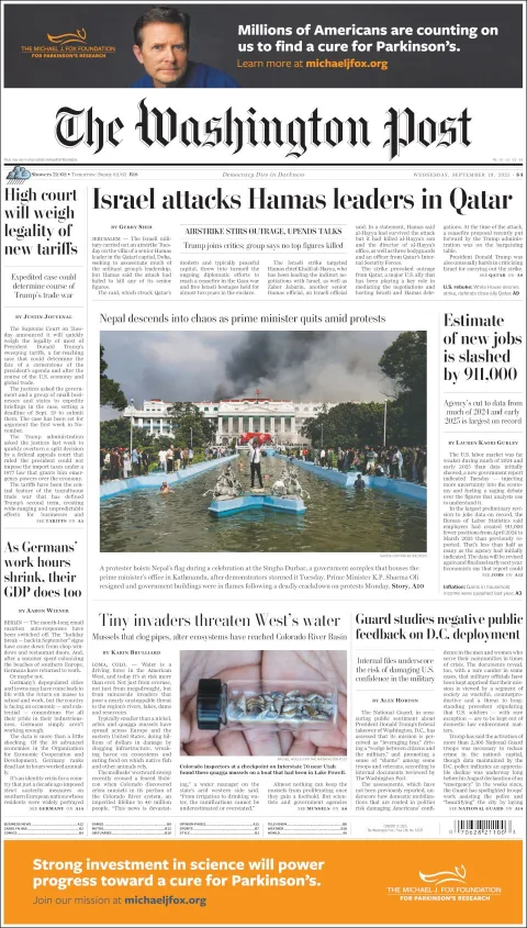 Portada de The Washington Post del miércoles, 10 de septiembre de 2025