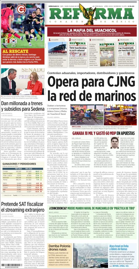 Portada de Reforma del miércoles, 10 de septiembre de 2025