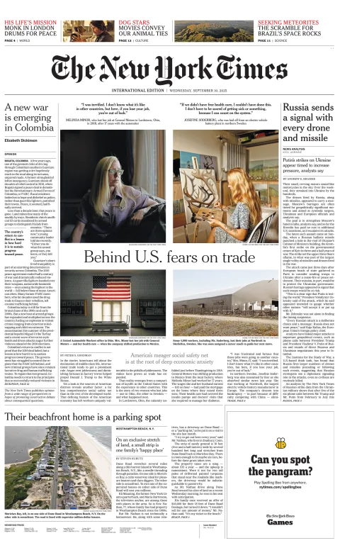 Portada de The New York Times (international) del miércoles, 10 de septiembre de 2025