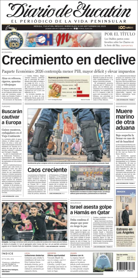 Portada de Diario de Yucatán del miércoles, 10 de septiembre de 2025