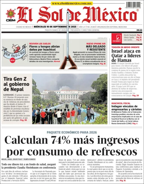 Portada de El Sol de Mexico del miércoles, 10 de septiembre de 2025