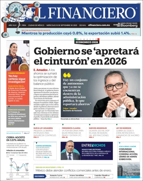 Portada de El Financiero del miércoles, 10 de septiembre de 2025