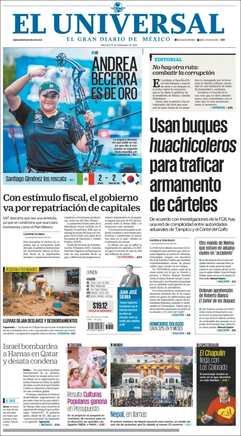 Portada de El Universal del miércoles, 10 de septiembre de 2025