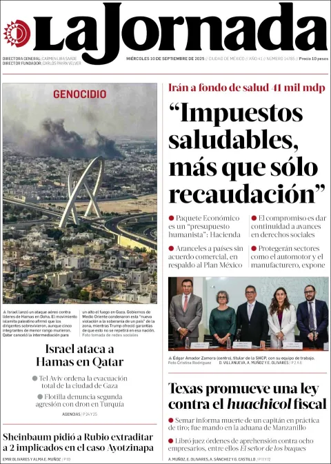 Portada de La Jornada del miércoles, 10 de septiembre de 2025