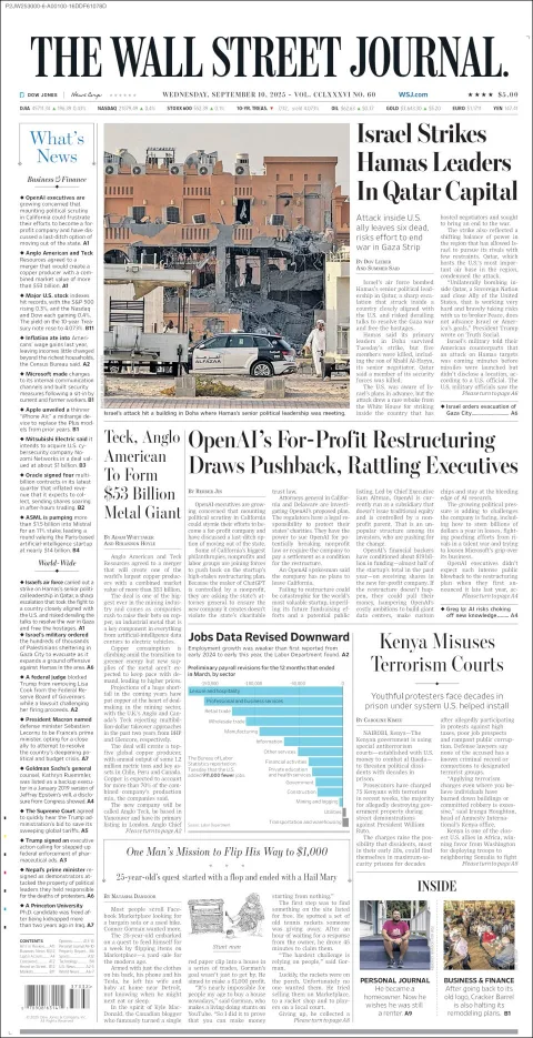 Portada de The Wall Street Journal del miércoles, 10 de septiembre de 2025