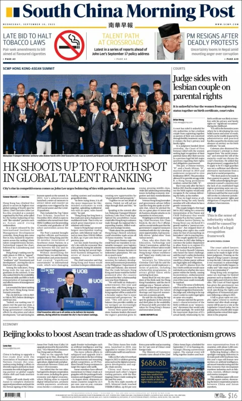 Portada de South China Morning Post del miércoles, 10 de septiembre de 2025