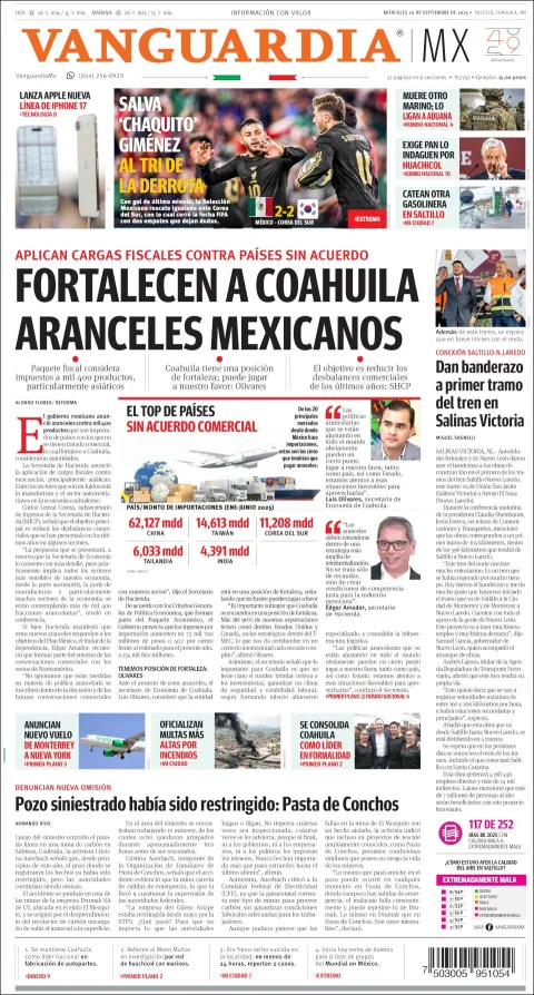 Portada de Vanguardia del miércoles, 10 de septiembre de 2025