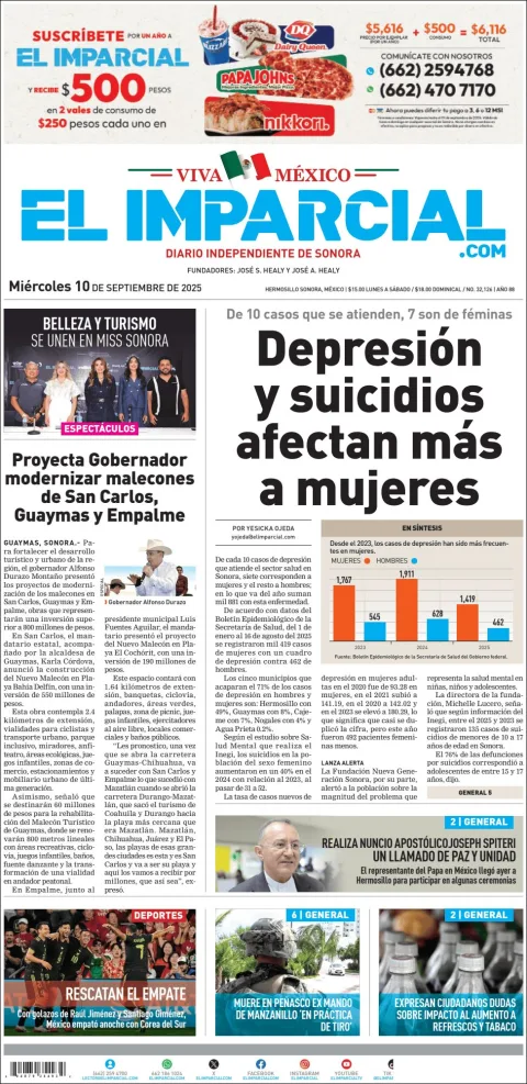 Portada de El Imparcial del miércoles, 10 de septiembre de 2025