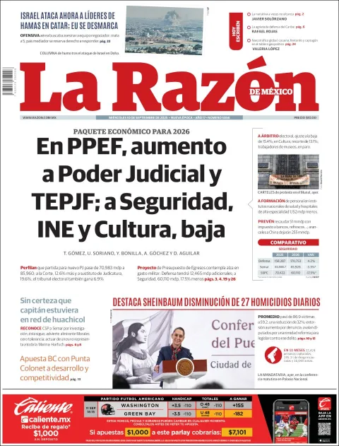 Portada de La Razon del miércoles, 10 de septiembre de 2025