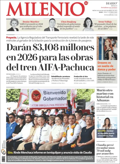 Portada de Milenio Hidalgo del miércoles, 10 de septiembre de 2025
