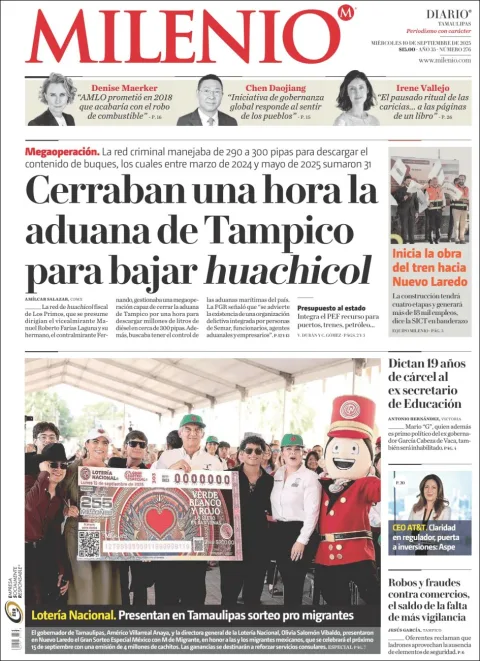 Portada de Milenio Tamaulipas del lunes, 15 de septiembre de 2025