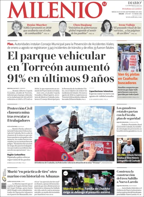 Portada de Milenio Laguna del miércoles, 10 de septiembre de 2025