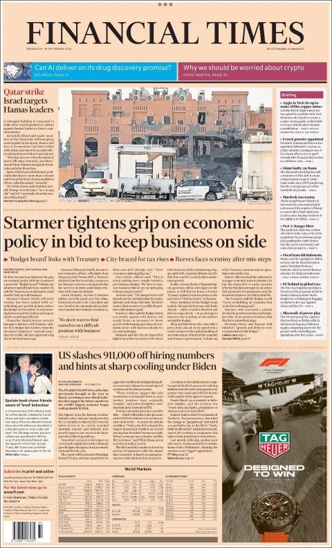 Portada de Financial Times del miércoles, 10 de septiembre de 2025