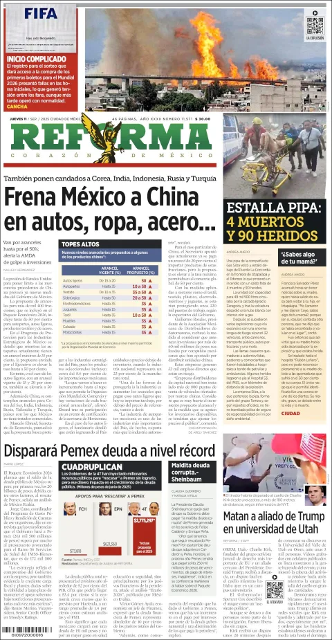 Portada de Reforma del jueves, 11 de septiembre de 2025