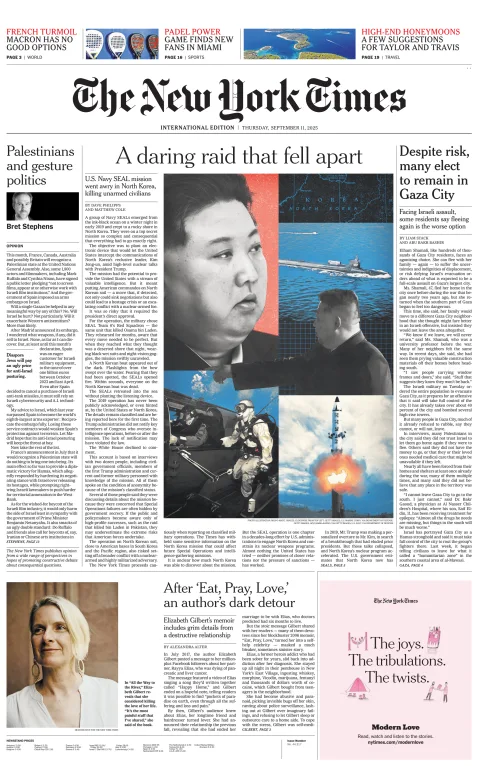 Portada de The New York Times (international) del jueves, 11 de septiembre de 2025