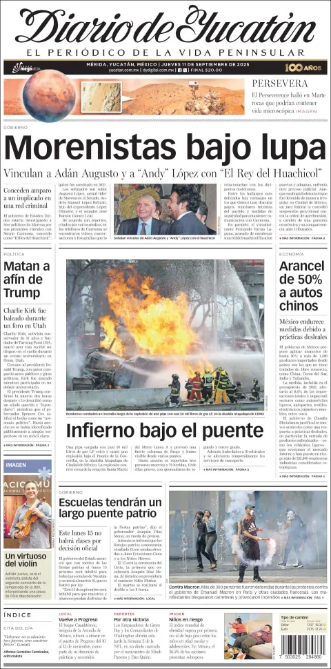 Portada de Diario de Yucatán del jueves, 11 de septiembre de 2025