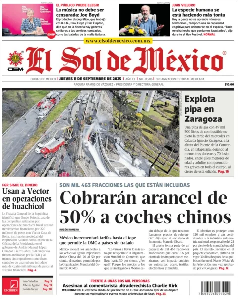 Portada de El Sol de Mexico del jueves, 11 de septiembre de 2025