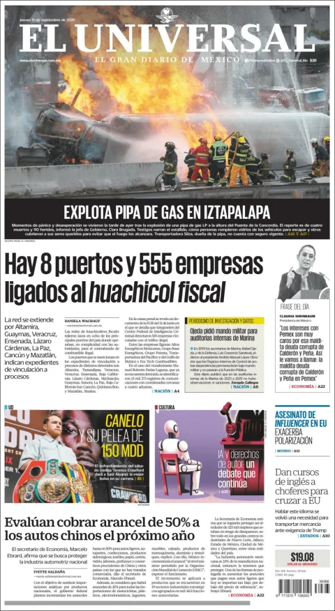Portada de El Universal del jueves, 11 de septiembre de 2025