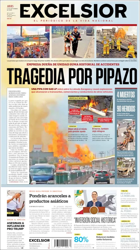 Portada de Excelsior del jueves, 11 de septiembre de 2025