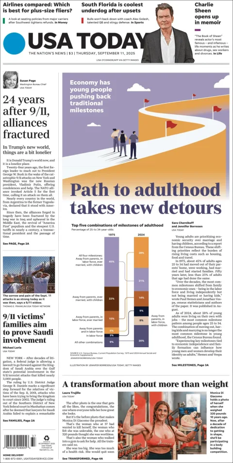 Portada de Usa Today del jueves, 11 de septiembre de 2025